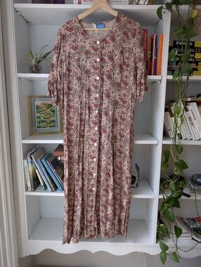 Vintage Women Maxi Dress Button-Front Pink Cream Size Large Fairy Cottagecore